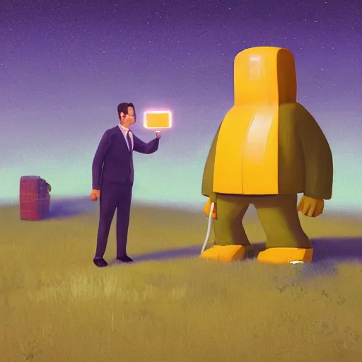 Image similar to man in a suit holding gem with curiosity, trying to learn, by simon stalenhag