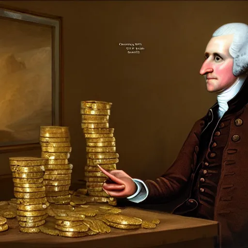 Image similar to a closeup photorealistic photograph of a happy George Washington inspecting small gold Doubloon coins at his home on Cherry Street. This 4K HD image is Trending on Artstation, featured on Behance, well-rendered, extra crisp, features intricate detail and the style of Unreal Engine.