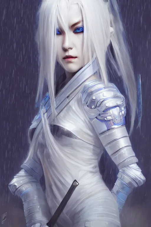 Image similar to portrait white hair Ninja gaiden girl, armored white and blue ninja wardrobe, in ruin japanese rainny temple night, ssci-fi and fantasy, intricate and very very beautiful and elegant, highly detailed, digital painting, artstation, concept art, smooth and sharp focus, illustration, art by tian zi and WLOP and alphonse mucha