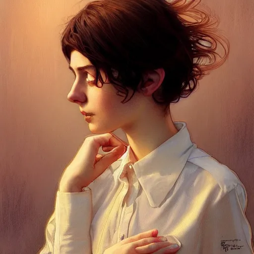 Image similar to portrait of a welsh teenage girl with brown hair, glowing skin, delicate features, amelie poulain, fantasy, intricate, elegant, dress shirt, highly detailed, digital painting, artstation, concept art, smooth, sharp focus, illustration, art by Krenz Cushart and Artem Demura and alphonse mucha