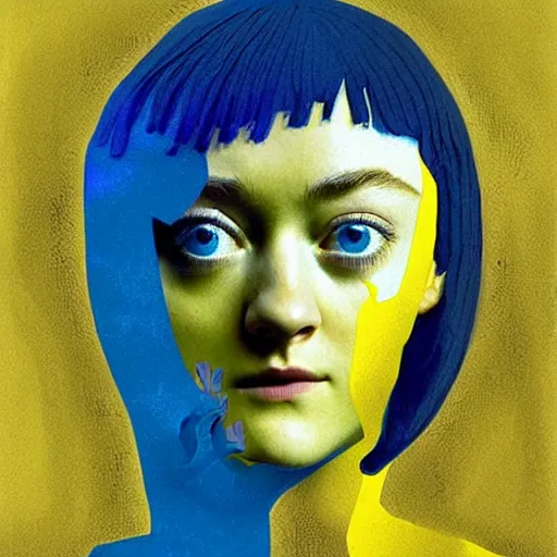 Image similar to Dakota Fanning with short blue hair wearing a yellow raincoat by Dave McKean