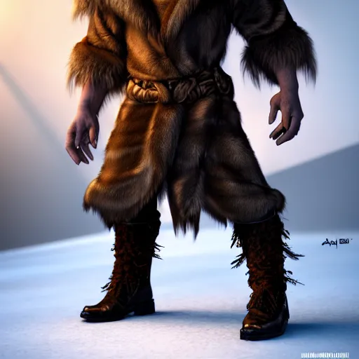 Image similar to A full body shot of a handsome orc looking into the camera wearing a fur jacket and boots, full body shot, artstation, realistic, highly detailed, symmetrical, hyper realism, high detail, octane render, unreal engine, 8k, fantasy art, highly detailed, concept art