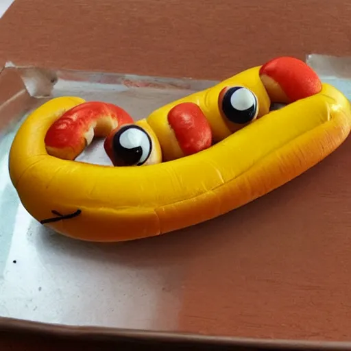 Image similar to a caterpillar shaped hotdog