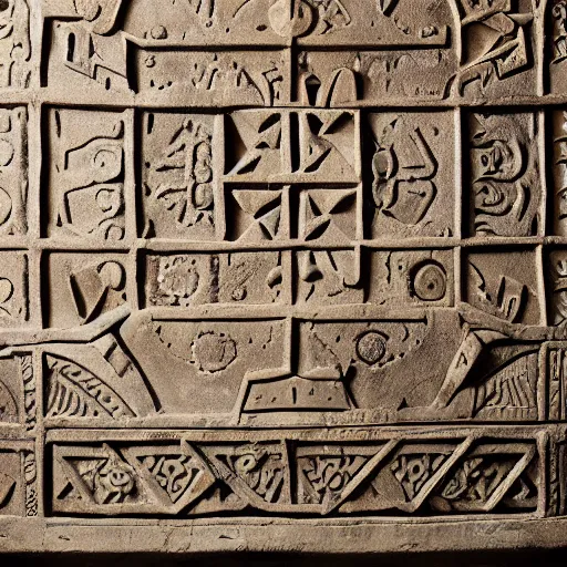 Prompt: a decorative Aztec stone panel depicting the use of a time travel machine. Aztec artifact by Pacal Votan. 4K high quality museum collection photograph