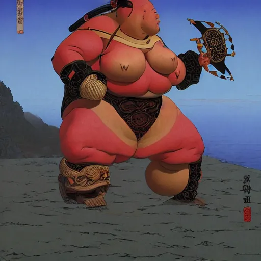 Prompt: character portrait of a plump rubenesque woman shugoki wearing samurai o - yoroi, mortal shell, scorn game, by h r geiger and beksinski, grim dark, lara sava, ukiyo - e, cg society, tone mapping, global illumination,