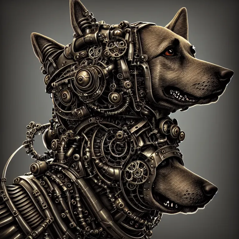 Prompt: steampunk cybernetic biomechanical german shepard, front facing, symmetric, 3 d model, very coherent symmetrical artwork, unreal engine realistic render, 8 k, micro detail, intricate, elegant, highly detailed, centered, digital painting, artstation, smooth, sharp focus, illustration, artgerm, tomasz alen kopera, wlop