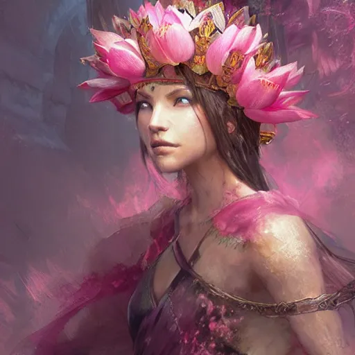 Image similar to Lotus floral crown girl, pink Lotus queen, epic fantasy style art by Craig Mullins, fantasy epic digital art, epic fantasy art by Greg Rutkowski