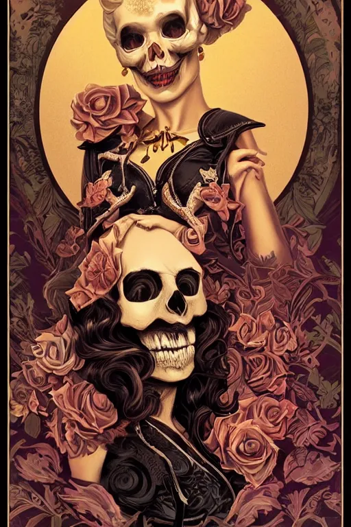 Image similar to a beautiful fancy skull lady by dan mumford and gil elvgren