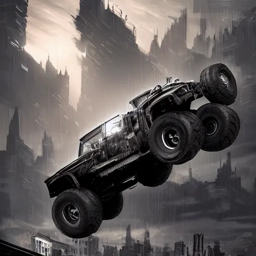 Image similar to a batman monster truck, dramatic lighting, cinematic, establishing shot, extremely high detail, photo realistic, cinematic lighting, post processed, concept art, artstation, matte painting, style by eddie mendoza, raphael lacoste, alex ross