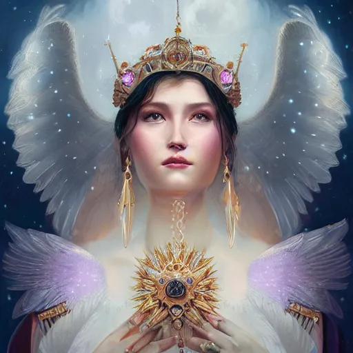 Image similar to A beautiful digital painting of a female Seraphim full of jewels, princess, the moon behind her, intricate, cinematic lighting, highly detailed, digital painting, Artstation, concept art, smooth, sharp focus, illustration, art by Tom Bagshaw, Artgerm and Greg Rutkowski