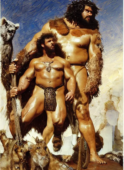 Prompt: huge morgan aste as hercules dressed in animal skins, by john berkey and lawrence alma tadema and rick berry and norman rockwel