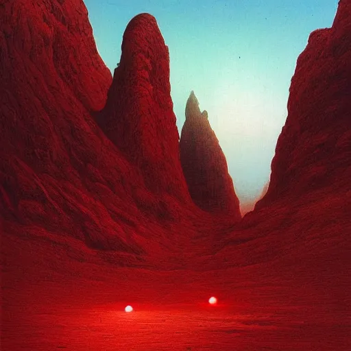 Prompt: only red colour, alien landscape of wadi rum, filigree ornaments, jordan, volumetric lights, beksinski