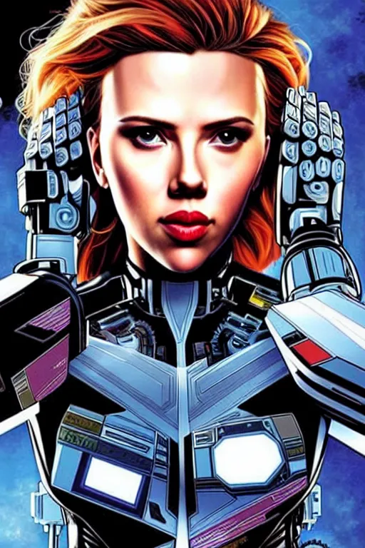 Image similar to a portrait of a beautiful cybernetically enhanced scarlett johansson, by marvel comics and sandra chevrier