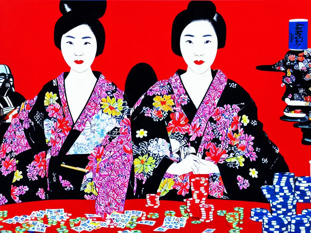 Image similar to hyperrealistim composition of the detailed single woman in a japanese kimono sitting at a extremely detailed poker table with darth vader, fireworks, river on the background, pop - art style, jacky tsai style, andy warhol style, acrylic on canvas