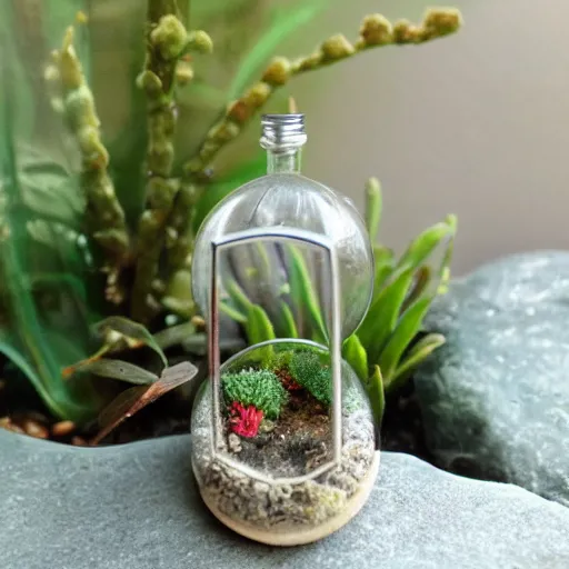 Image similar to tiny people living inside a terrarium bottle.