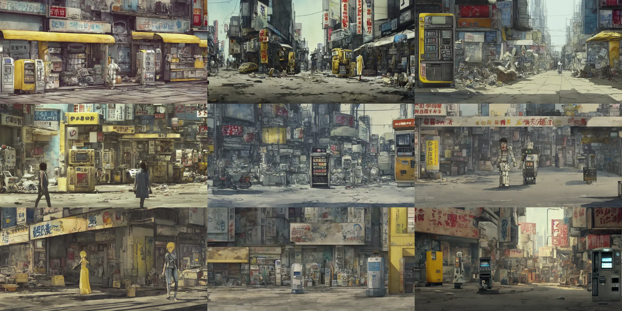 Prompt: incredible wide screenshot, simple watercolor, paper texture, water color paper, ghost in the shell movie scene, distant shot of box robot walking vending machine, yellow striped awnings in deserted dusty shinjuku junk town, old pawn shop, bright sun bleached ground , vending machine robot monster lurks in the background, animatronic, air conditioners, ducts, vents, pipes, black smoke, pale beige sky, junk tv, texture, strange, impossible, fur, spines, mouth, pipe brain, shell, brown mud, dust, bored expression, overhead wires, telephone pole, dusty, dry, pencil marks, genius party,shinjuku, koji morimoto, katsuya terada, masamune shirow, tatsuyuki tanaka hd, 4k, remaster, dynamic camera angle, deep 3 point perspective, fish eye, dynamic scene