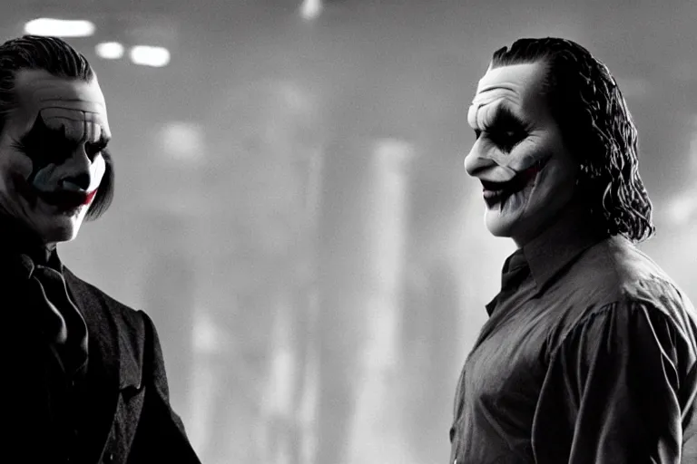 Prompt: cinematic shot of Christian Bale playing the Joker in Dark Knight