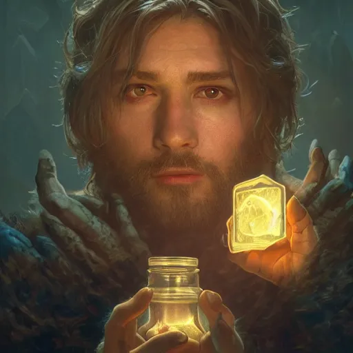 Image similar to man holding he's soul in a jar portrait, backlight, rim lighting, deep focus, d & d, fantasy, intricate, elegant, highly detailed, digital painting, artstation, concept art, matte, centered, sharp focus, illustration, hearthstone, art by artgerm, greg rutkowski and alphonse mucha