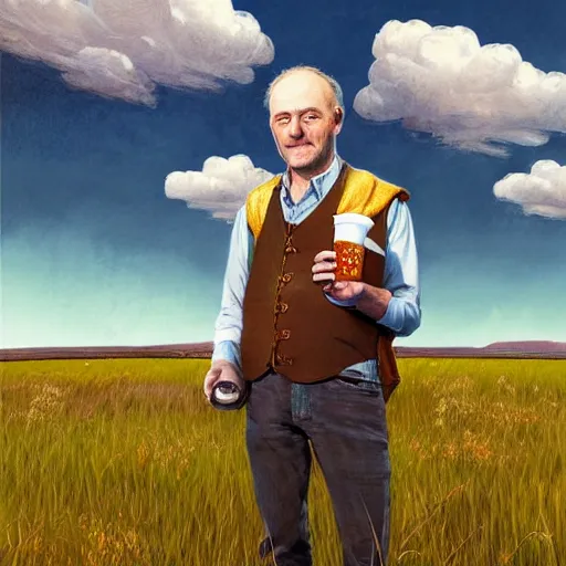 Prompt: a Scottish man holding a pint of beer in the middle of an empty field, In the back ground of the frame is a beautiful landscape., physically accurate, dynamic lighting, intricate, elegant, highly detailed, digital painting in the style of very very artist illustrator ralph steadman, sharp focus, illustration