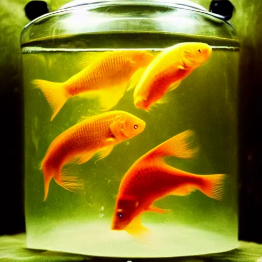 Image similar to two goldfishes swimming in the same fishbowl in a wong kar wai movie, photorealistic, 3 5 mm