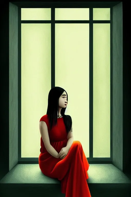 Image similar to joana sitting lookin at window composition : dynamic lighting, digital painting, center of interest, intricate, proportion, highly quality, balance, unity, extremely highly detailed. by bambang nurdianshyah ( details and background ) garis edelweiss ( lighting ) roby dwi antono ( character ) kira ayn varszegi ( dress )