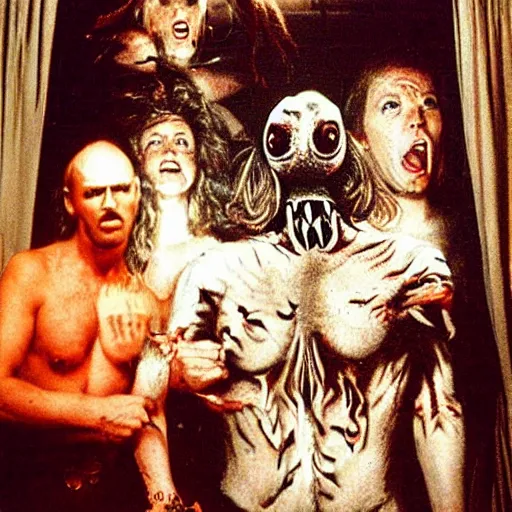 Prompt: big budget body horror movie with the thing eating animals and creating art on the wall with their bodies. 1980s horror movie photograph.