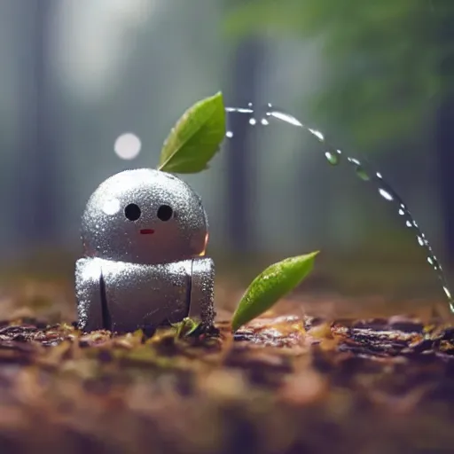 Image similar to A tiny, tin robot, in a green forest holding a leaf over his head to shield him from the wet rain. dew drops. cinematic lighting, cute.