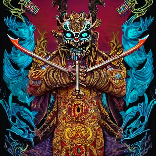 Prompt: barong family ancient sword with jewels, wiwek, mara demon, one single tribe member, jungle, one single mask, dark, tribal, inner glow, art by dan mumford and justin gerard