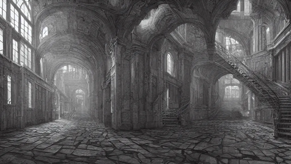 Prompt: a beautiful hyper realistic detailed matte painting of a a confusing place where the perspective is a broken concept and all the corridor and stairs will lead you to the same destination, dramatic lighting, dynamic lighting, cinematic lighting, dynamic lighting, cinematic lighting, lit by morning light, by maurits cornelis escher, black and white, featured on artstation, ultrawide angle