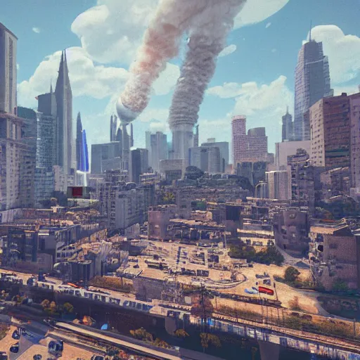 Image similar to ZAXXON as a city, bustling, rockets, atmospheric, hazy, sweltering, highly detailed, autochrome, 8k, reflections, octane render, unreal engine 5, in the style of Cézanne