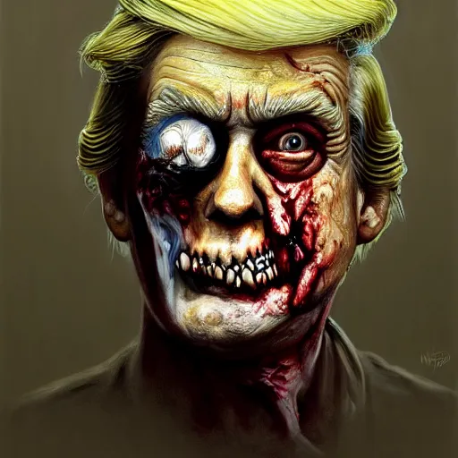 Image similar to portrait of donald j. trump as a zombie looking at camera, 7 days to die zombie, fine art, soft light from the side, award winning, subtle earthy tones, intricate, elegant, sharp focus, cinematic lighting, digital painting, 8 k concept art, art by michael hussar, art by brom, art by z. w. gu, 8 k