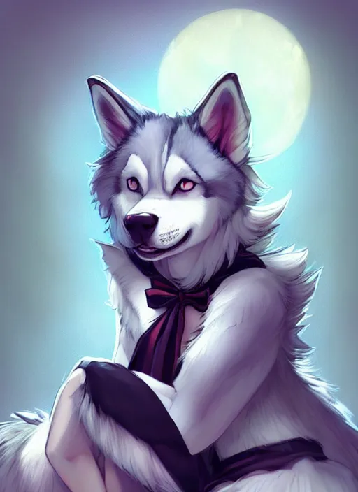 Prompt: beautiful portrait commission of a cute furry anthro husky dog fursona french maid clothes in a cozy home. character design by charlie bowater, ross tran, artgerm, and makoto shinkai, detailed, inked, western comic book art