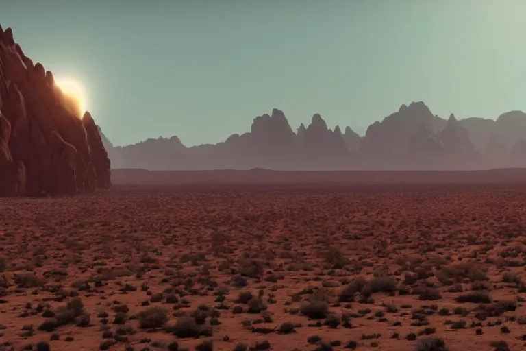 Image similar to A stunning, epic, cinematic film still of a desert planet with rocky cliffs in the distance.