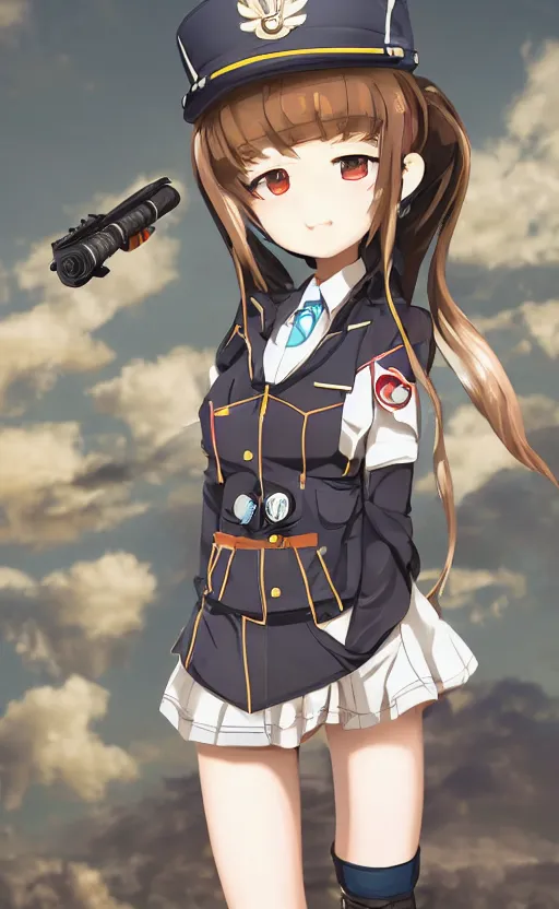 Image similar to toy photo, school uniform, portrait of the action figure of a girl, anime character anatomy, girls frontline style, collection product, dirt and smoke background, flight squadron insignia, realistic military gear, 70mm lens, round elements, photo taken by professional photographer, by shibafu, trending on instagram, symbology, 4k resolution, low saturation, empty hands, realistic military carrier