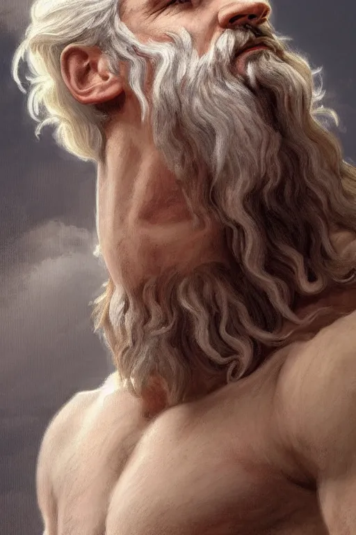 Prompt: painted portrait of rugged zeus, god of thunder, greek god, white hair, masculine, mature, handsome, upper body, white robe, muscular, hairy torso, fantasy, intricate, elegant, highly detailed, digital painting, artstation, concept art, smooth, sharp focus, illustration, art by gaston bussiere and alphonse mucha