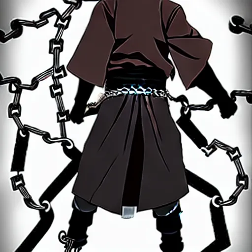 Image similar to A FULL BODY PORTRAIT FROM BEHIND OF MADARA UCHIHA ,THE MAN KEEPS A KUSARIGAMA AND IT IS WRAPPED IN CHAINS ,detailed, concept art, ink style , sketch