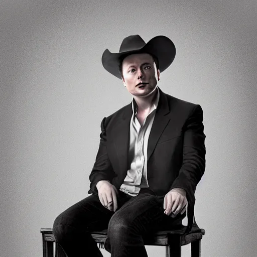 Image similar to elon musk as a cowboy sitting on the chair, digital art