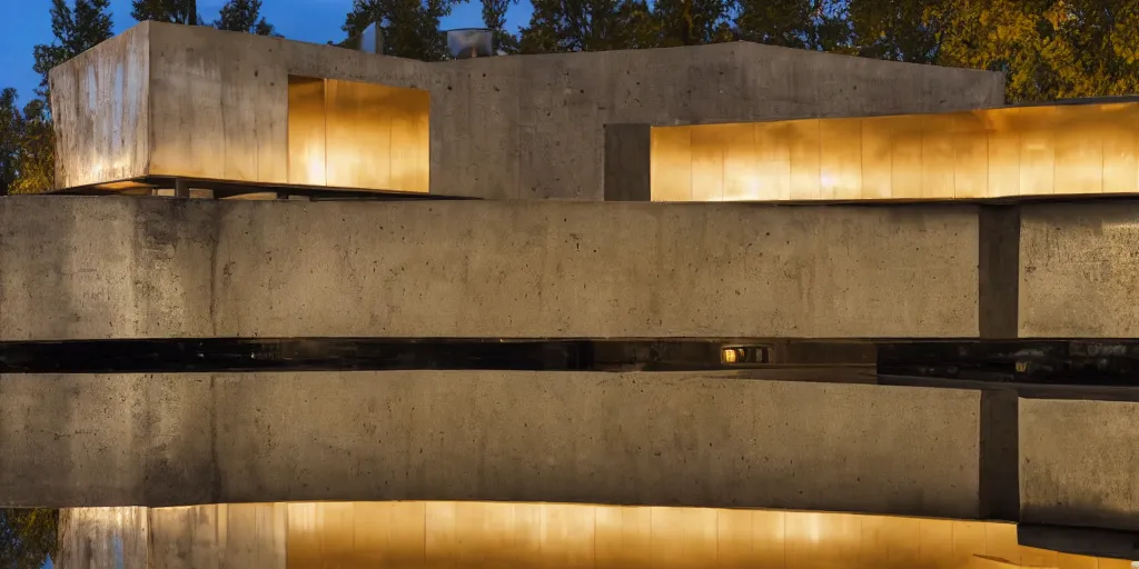 Prompt: wide angle photo of brutalist building made from reflective nickel chrome with copper and gold. late evening with reflective pool and glowing lights. highly reflective and shiny. frank loyde wright