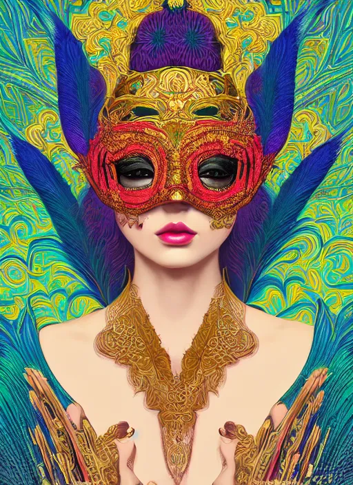 Prompt: centered detailed portrait of a masked woman wearing a venetian mask, vibrant peacock feathers, intricate, elegant, highly detailed, digital painting, artstation, smooth, sharp focus, illustration, illuminated lines, outrun, vaporware, intricate venetian patterns, cyberpunk darksynth, by audrey kawasaki and ilya kuvshinov and alphonse mucha