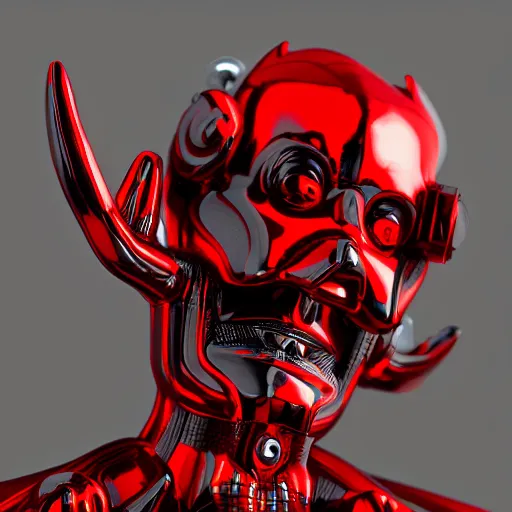 Image similar to 3D model of an evil cyborg, black and red theme, octane render, studio lighting, trending on artstation, highly detailed, specular, high quality, product photography, depth of field