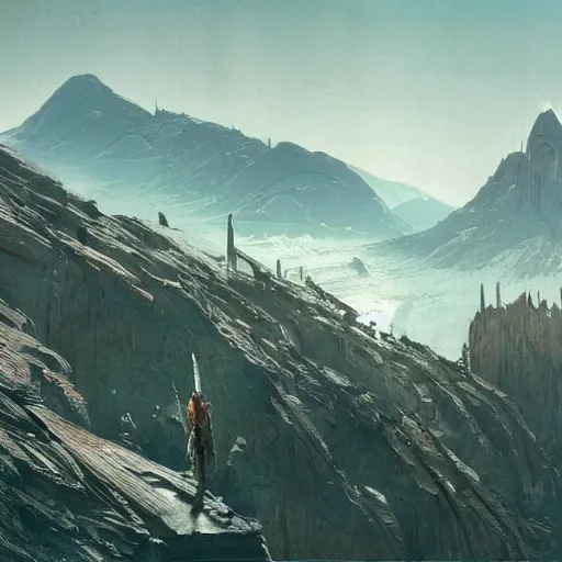 Image similar to view from a wasteland plain of a jagged mountain with a black arcology driven like a spear into the glacier, rust-colored waterfalls pouring from its upper balconies, blue radiation glow beneath, science fiction concept art by Greg Rutkowski and Moebius and Beksinski and Le Corbusier