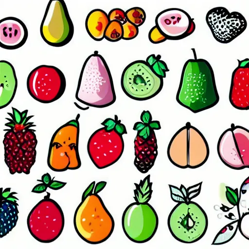 Prompt: a set of kawaii fruits isolated on white background, stylized, cartoon, cute, vector graphics, trending on pinterest, featured on artsation, high quality, smooth graphics, fine edges,