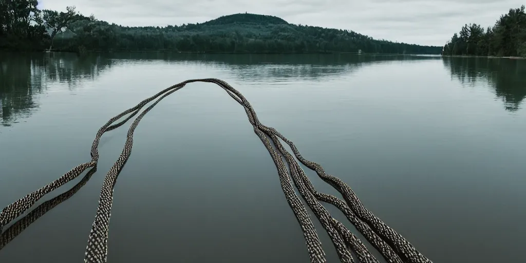 Prompt: centered photograph of a single line of bron long rope floating on the surface stretching out to the center of the lake, a dark lake on a cloudy day, color film, trees in the background, hyper - detailed photo, anamorphic lens