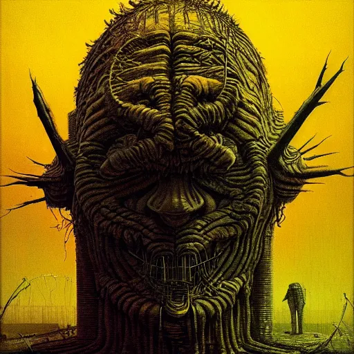 Prompt: mutated giant techno troll, by beksinski and tristan eaton, black and yellow, dark neon trimmed beautiful dystopian digital art