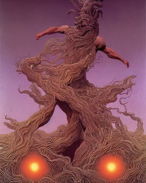 Prompt: conjuring!!! an image!!! from noise!!!, by michael parkes, zdzisław beksinski, and larry elmore, intricate, chaotic, hopefull, volumetric lighting