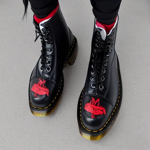 Image similar to Full picture of a white hair dracula wearing Dr. Martens shoes