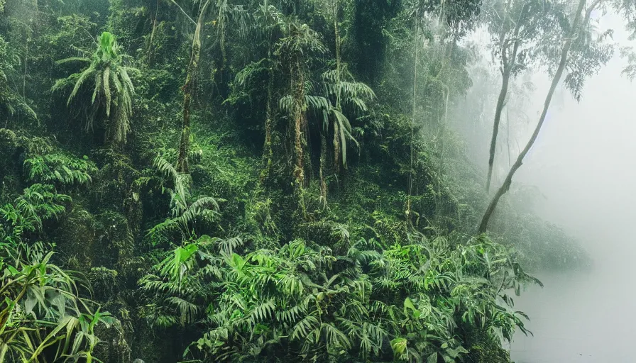 Prompt: a rainy foggy jungle, river with low hanging plants, there is a flock of parrots flying, great photography, ambient light