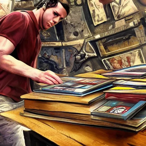 Prompt: a people trying to grab a masterpiece book on a table, sci-fi style, concept art