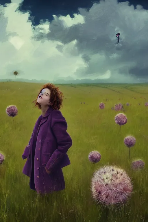 Image similar to portrait, enormous thistle flower head, girl wearing a coat in field, surreal photography, wind, cloudy sky, dramatic light, impressionist painting, digital painting, artstation, simon stalenhag