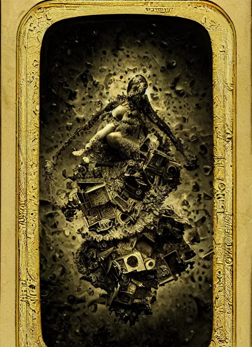 Image similar to old wetplate daguerreotype beautiful demon, explosion of data fragments, fractal, intricate, elegant, highly detailed, parallax, leica, medium format, subsurface scattering, by jheronimus bosch and greg rutkowski and louis jacques mande daguerre